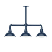 Navy 3-light LED stem-hung pendant light with three bell shades and curved arms