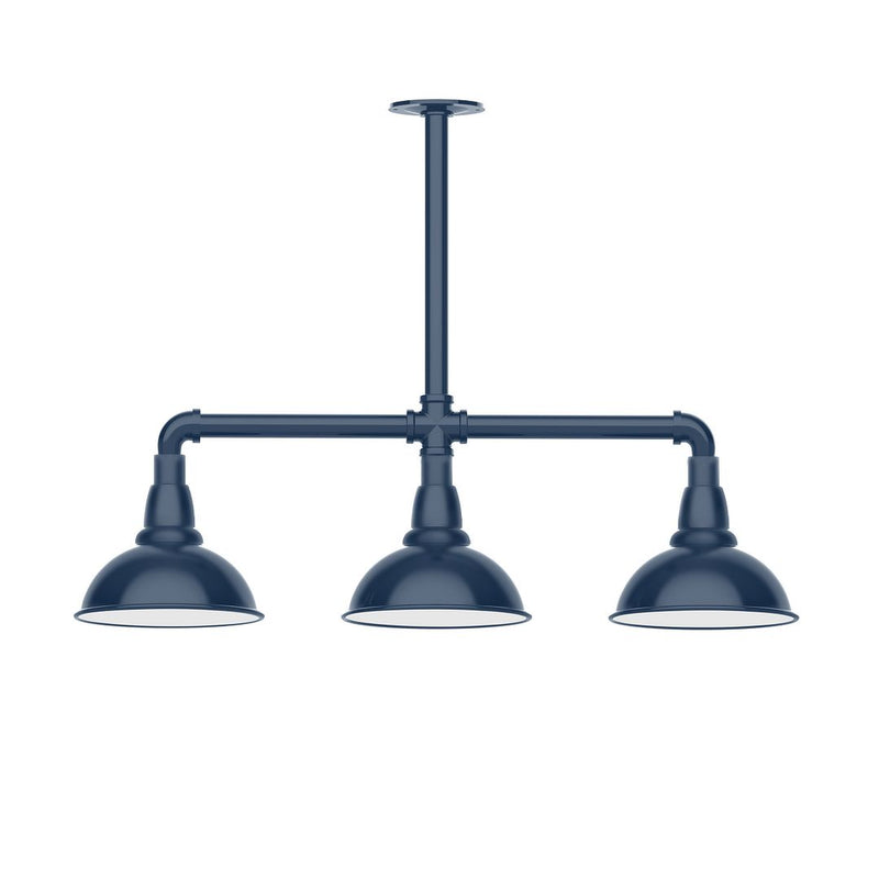 Navy 3-light LED stem-hung pendant light with three bell shades and curved arms