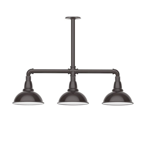 Architectural bronze 3-light stem-hung pendant with three dome shades and horizontal bar