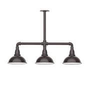 3-light stem-hung pendant light with bronze horizontal bar and three bell shades