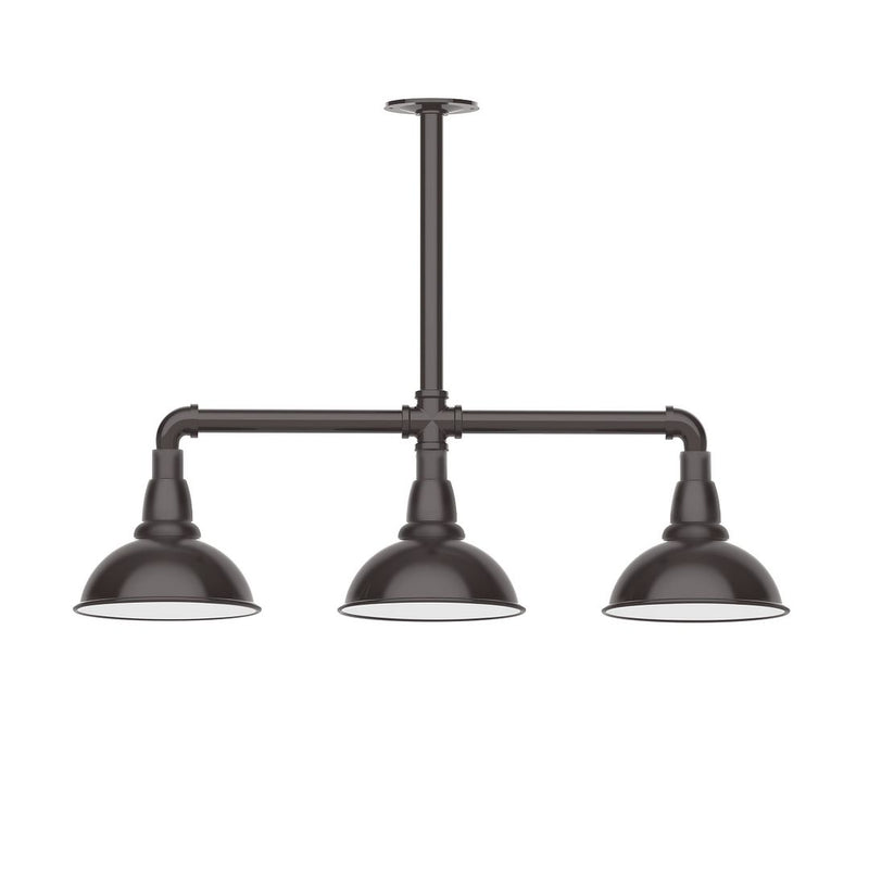 3-light stem-hung pendant light with bronze horizontal bar and three bell shades