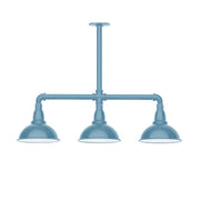 Light blue 3-light stem-hung pendant light with three dome shades and crossbar