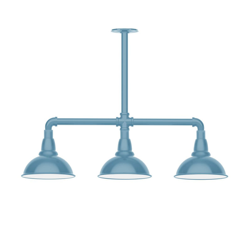 Light blue 3-light stem-hung pendant light with three dome shades and crossbar