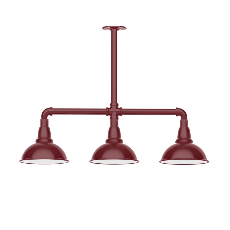Barn red 3-light stem-hung pendant light with three dome shades