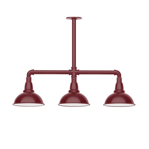 Barn red 3-light stem hung pendant with three dome shades on a horizontal bar