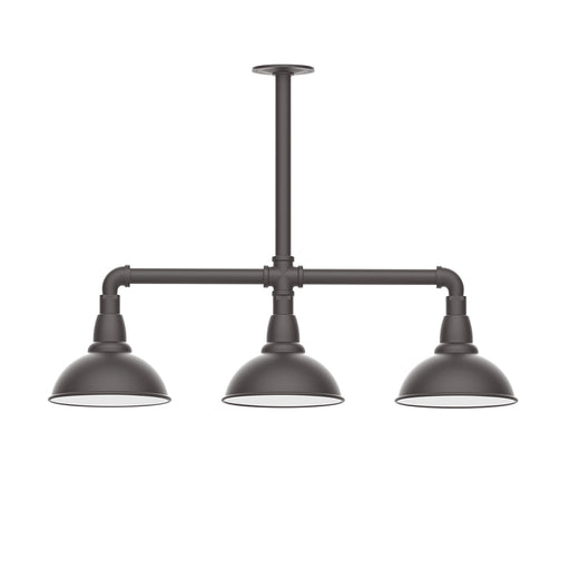 3-light stem-hung pendant light with three bronze dome shades and vertical stem