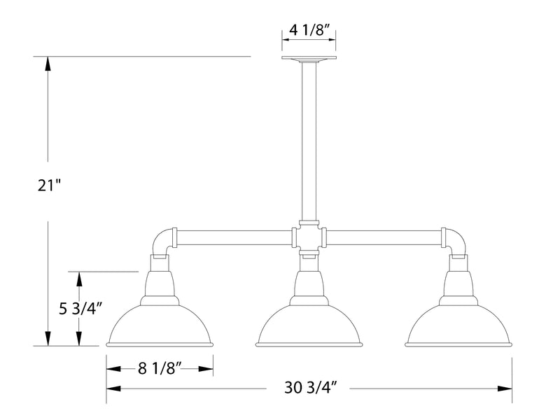 Pendant light layout diagram showing three bell shades, 30 3/4 in span, 21 in ht