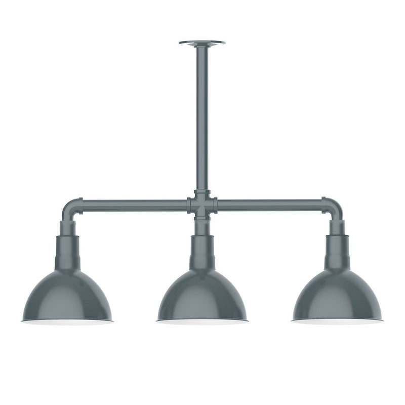 Slate gray 3-light stem-hung pendant light with three bell shades