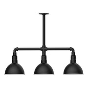 Black 3-light stem hung pendant with three dome shades on a horizontal bar