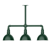 Forest green 3-light stem hung pendant with three dome shades