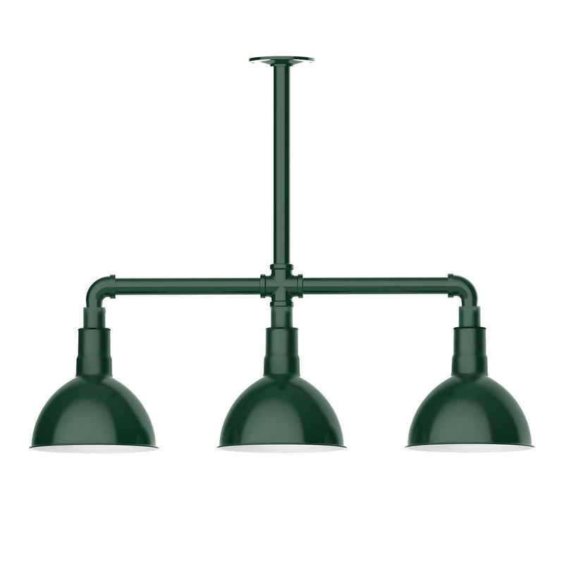 Forest green 3-light stem hung pendant with three dome shades