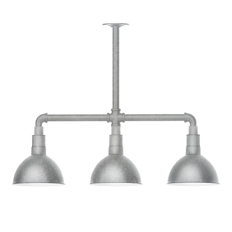 3-light stem-hung pendant light with three metallic dome shades on a crossbar
