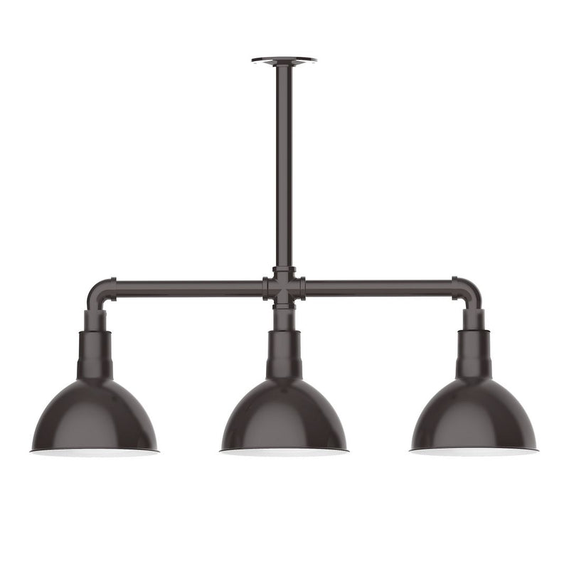 3-light stem-hung pendant with three dark bronze bell shades and bar mount