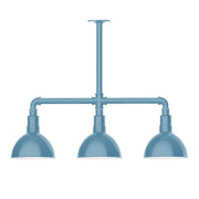 Light blue 3-light stem-hung pendant with three dome shades and bar frame