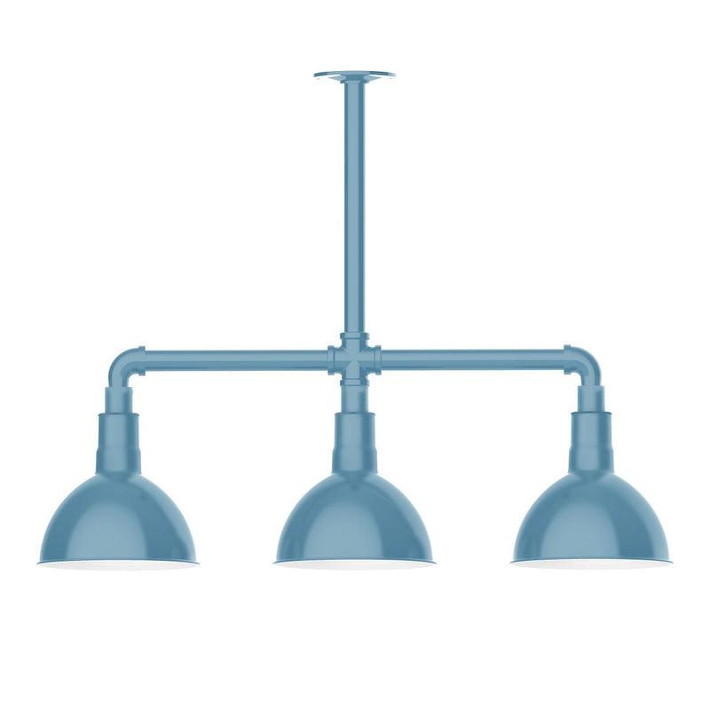 Light blue 3-light stem-hung pendant with three dome shades and bar frame