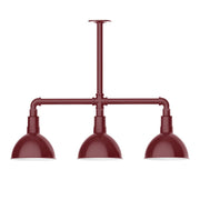 Barn red 3-light stem-hung pendant light with three domed shades