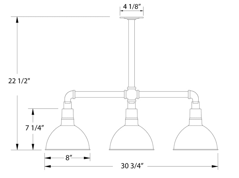 Forest green 3-light stem hung pendant with three dome shades; size diagram