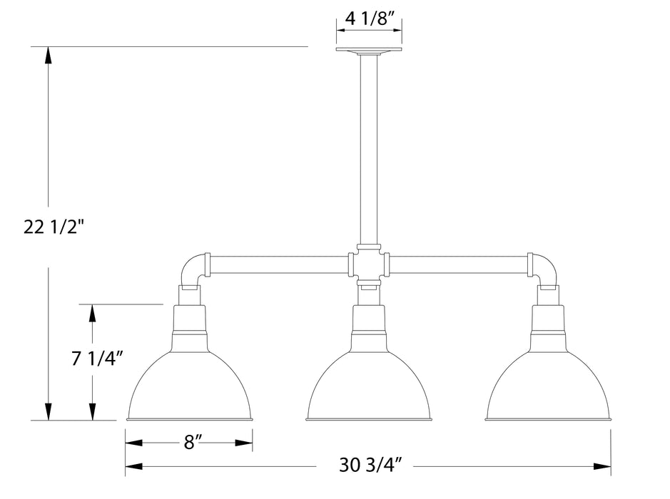 Deep Bowl 8" 3-light Stem Hung Pendant Light in Slate Gray Line Drawing