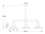 3-light stem hung pendant light with three lamp positions, size diagram