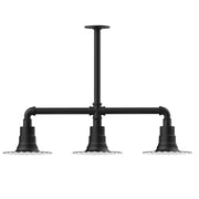 Black 3-light stem hung pendant light with three exposed bulb sockets and straight stem