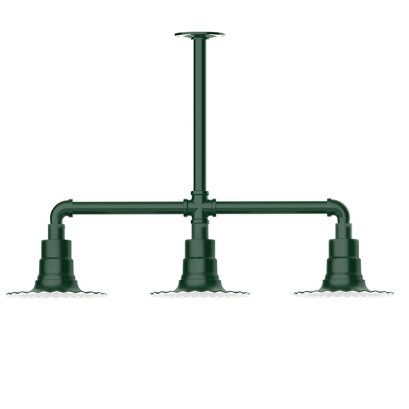 Forest green stem-hung pendant light with three hanging lamp shades