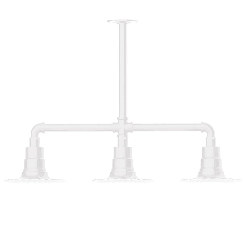 White 3-light stem-hung pendant with three downward shades and crossbar arms