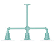 Sea green 3-light stem-hung pendant light with three downward sockets and bars