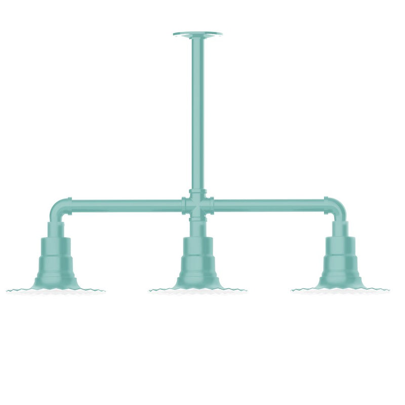 Sea green 3-light stem-hung pendant light with three downward sockets and bars
