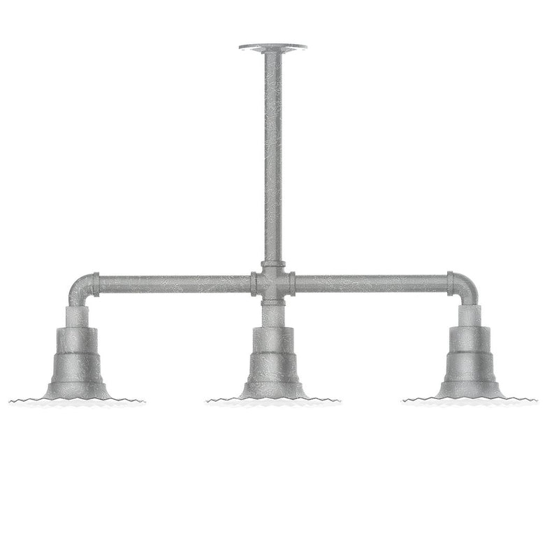 3-light stem-hung pendant light with three downward sockets, gray metal frame