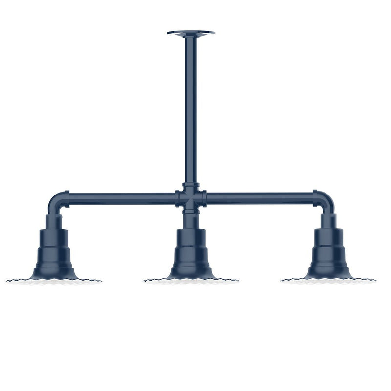 Navy 3-light stem-hung pendant frame with three down-facing cylindrical lamp shades