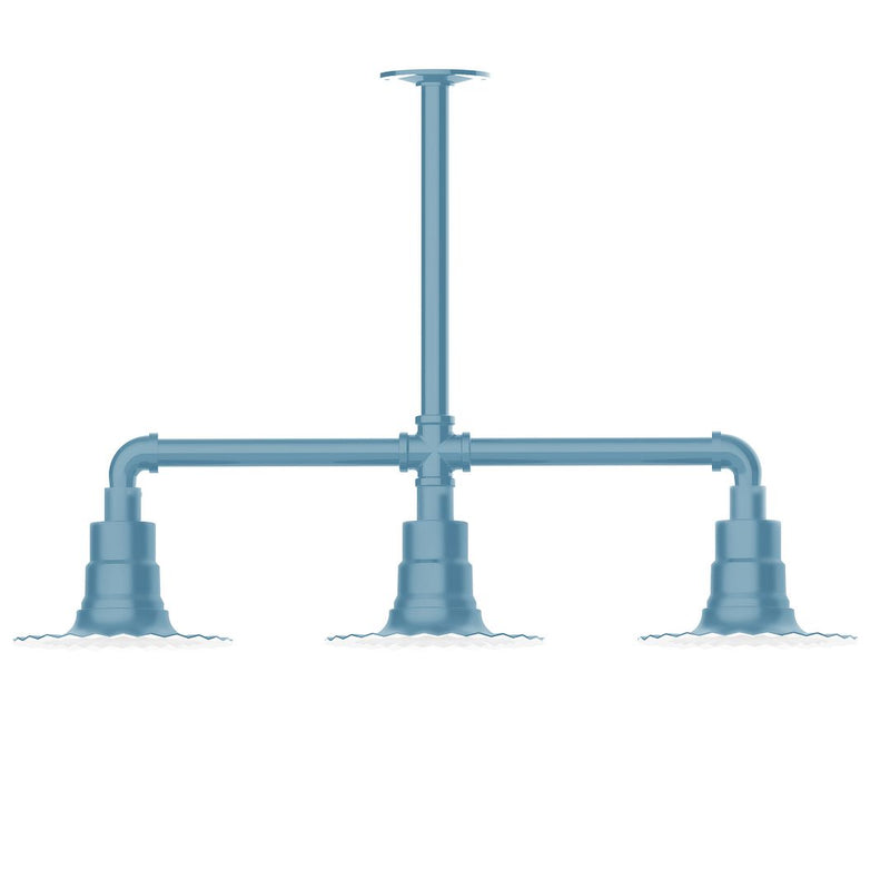 Light blue 3-light pendant with three downward sockets and stem mount