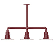 Barn red 3-light stem pendant light with three bell shades and radial crossbar