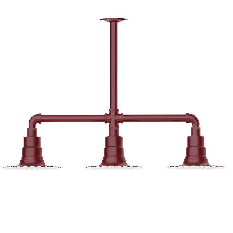 Barn red 3-light stem hung pendant with three downward sockets on bar