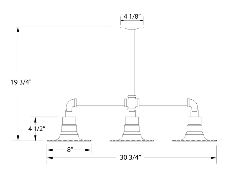 3-light pendant light dimensions: 30 3/4 in wide, 19 3/4 in high, 8 in span