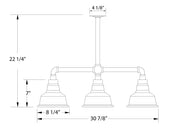 Light blue three-light pendant light with bell shades and stem, size diagram