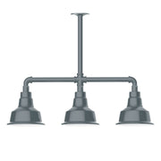 Slate gray 3-light stem-hung pendant light with three bell shades on bar