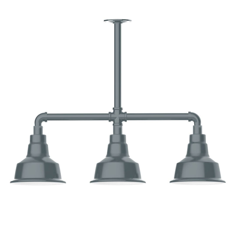Slate gray 3-light stem-hung pendant fixture with three flared metal shades