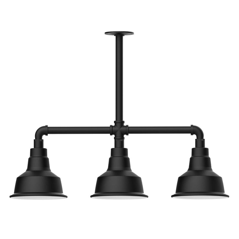 Black 3-light stem pendant light with three bell shades on horizontal bar