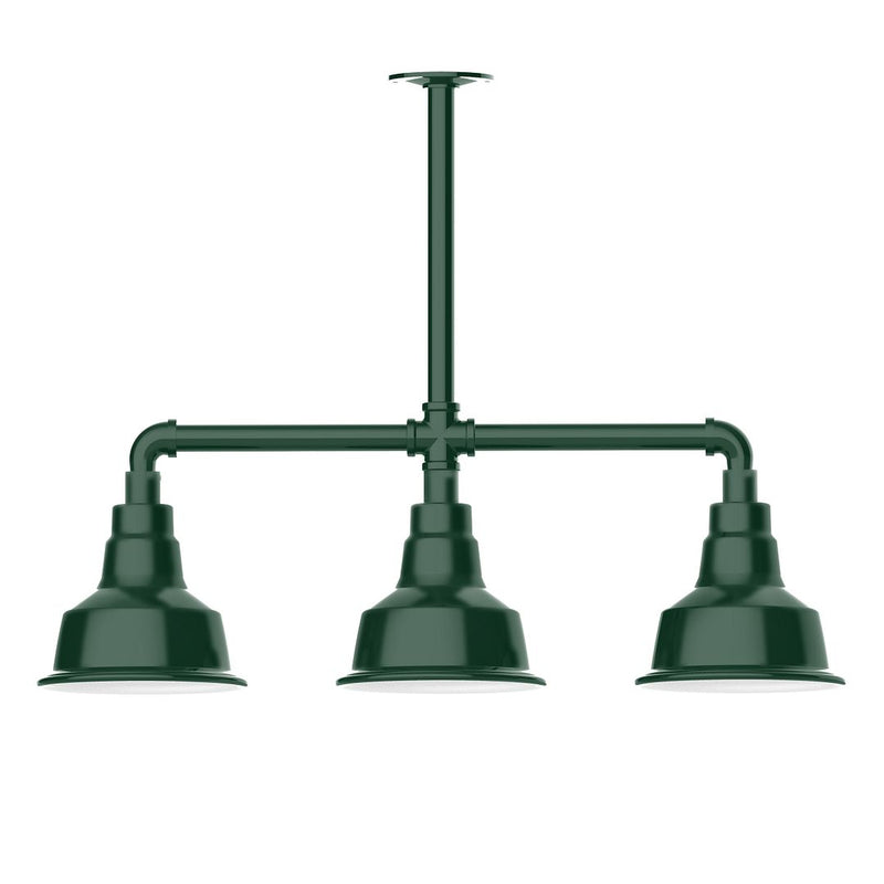 Forest green 3-light stem-hung pendant light with three domed metal shades