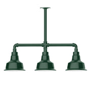 Forest green 3-light stem-hung pendant with three bell shades and central stem