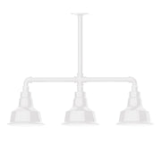 White three-light stem-hung pendant light with three bell shades