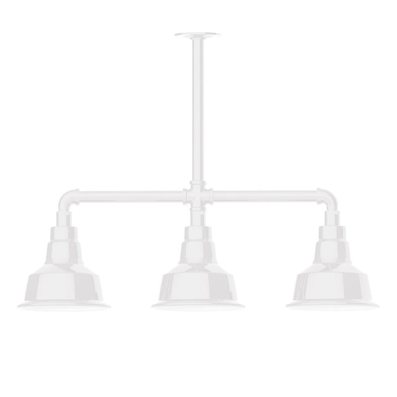 White 3-light LED stem pendant light with three bell-shaped shades