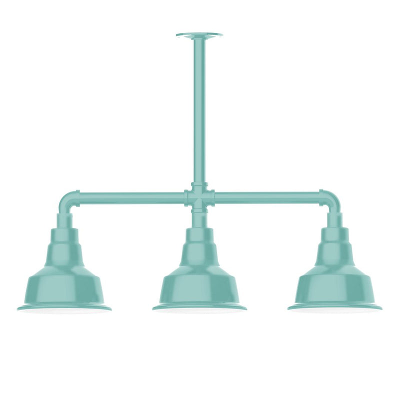 Sea green 3-light stem-hung pendant light with three bell shades