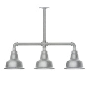 Three-light stem-hung pendant light with three gray metal shades, painted galvanized.