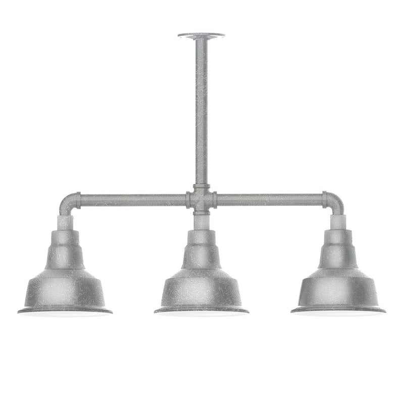 Three-light stem hung pendant light with painted metal domed shades, gray finish