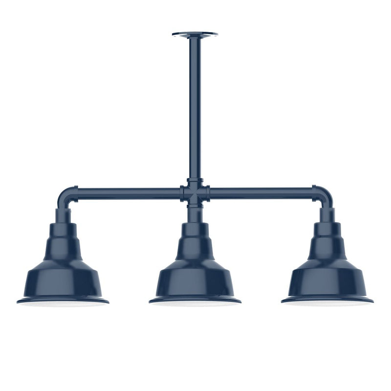 Navy 3-light stem-hung pendant light with three downward bell shades