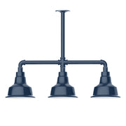 Navy 3-light stem-hung LED pendant with three dome shades on a bar