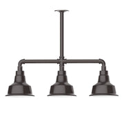 3-light stem pendant with three bronze bell shades on horizontal bar
