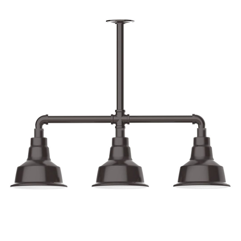 Architectural bronze 3-light stem-hung pendant with three bell shades