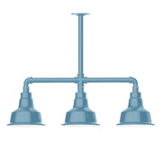 Light blue three-light stem-hung pendant with three bell shades